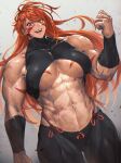  1girl abs biceps black_wristband body_markings breasts collarbone facial_mark fuuma_kotarou_(tenkaichi) gradient_background highres large_breasts long_hair looking_at_viewer mikel_(4hands) muscular muscular_female open_mouth red_eyes red_hair revealing_clothes simple_background solo teeth tenkaichi_nihon_saikyou_bugeisha_ketteisen veins veiny_arms wristband 