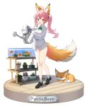  1girl absurdres ahoge animal animal_ear_fluff animal_ears black_footwear black_ribbon blue_eyes blush bow bowtie collared_shirt fang faux_figurine fish fish_tank fox fox_ears fox_girl fox_tail full_body goldfish green_bow green_bowtie hair_ribbon heterochromia highres holding holding_watering_can loafers long_hair long_sleeves looking_at_viewer n3moni no_pants open_mouth original pink_eyes plant potted_plant ribbon shirt shoes simple_background sleeves_past_fingers sleeves_past_wrists smile socks solo standing tail twintails watering_can white_background white_shirt white_socks yellow_eyes 