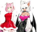  2girls amy_rose animal_ears arm_behind_back bare_shoulders bat_ears bat_wings black_choker blue_eyeshadow blush breasts choker cleavage detached_sleeves dress eyeshadow green_eyes hairband humanization large_breasts looking_at_viewer makeup multiple_girls pink_hair red_dress red_hairband rouge_the_bat short_hair sleeves_past_wrists sonic_(series) standing usa37107692 white_hair wings 