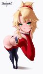  1girl :3 ass bare_shoulders blonde_hair detached_sleeves fate/grand_order fate_(series) foreshortening g-string green_eyes hand_on_own_face highres leaning_forward long_hair looking_at_viewer mordred_(fate) ponytail red_scrunchie scrunchie simple_background solo thighhighs thong white_background zealyush 