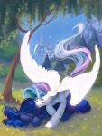  amishy blue_body blue_hair blue_tail castle digital_media_(artwork) duo equid equine eyelashes eyes_closed feathered_wings feathers female feral friendship_is_magic grass green_hair green_tail hair hasbro hi_res horn long_hair long_tail mammal multicolored_hair multicolored_tail my_little_pony pink_hair pink_tail plant princess_celestia_(mlp) princess_luna_(mlp) spread_wings tail tree white_body white_feathers winged_unicorn wings 