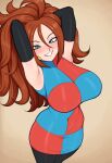  absurdres afrobull android_21 arms_behind_head blush brown_hair dragon_ball dragon_ball_fighterz dragon_ball_z earrings highres jewelry long_hair looking_at_viewer non-web_source pantyhose 