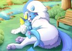  2022 abi_(s2-freak) absol affectionate aqua_(s2-freak) arm_around_neck back_tuft barefoot bench blush butt butt_tuft canid canine cheek_frill claws cuddling duo eeveelution embrace eyes_closed fan_character feet feral feral_on_feral fin fish_tail forehead_gem frill_(anatomy) fur fur_tuft generation_1_pokemon generation_3_pokemon grass half-closed_eyes happy head_crest head_frill hindpaw larger_feral leg_around_head looking_at_another looking_down love lying mammal narrowed_eyes nature neck_frill neck_tuft nintendo nude on_back on_grass on_ground on_side outside paws plant pokemon pokemon_(species) quadruped relaxing rock s2-freak shrub side_view size_difference smile tail tail_fin tail_frill toe_claws toes tree tuft vaporeon water 