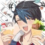  1boy burger closed_eyes crepe eiyuu_densetsu food holding holding_food ice_cream_crepe kuro_no_kiseki multicolored_hair open_mouth smile solo sparkle two-tone_hair zer00han 