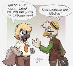  2023 aged_up anthro arm_tuft avian belt bird black_body black_feathers blonde_hair bow_tie brown_clothing chicken chubby_male clothing crows_feet dated dialogue disney ducktales ducktales_(2017) duo elbow_tuft english_text eye_bags eyewear fan_character feathers fluffy fluffy_tail galliform gallus_(genus) glasses gradient_background green_clothing grey_body grey_feathers gyro_gearloose hair hat head_tuft headgear headwear male necktie nephew patch_(fabric) phasianid shellyochunks signature silkie_chicken simple_background slightly_chubby speech_bubble tail tan_body tan_clothing tan_feathers text topwear tuft uncle uncle_and_nephew vest white_body white_clothing white_feathers work_shirt yellow_feather_hair 