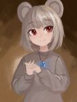  1girl absurdres alternate_costume animal_ears bangs brown_background clip_studio_paint_(medium) closed_mouth commentary_request crystal flat_chest grey_hair grey_shirt highres interlocked_fingers jewelry lenserd looking_to_the_side mouse_ears mouse_girl nazrin own_hands_together pendant red_eyes shirt short_hair smile solo touhou upper_body 