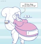  2022 anthro belly beverage big_belly big_breasts bottomwear breasts clothed clothing coffee coffee_pot digital_media_(artwork) english_text female hi_res mammal mephitid mug open_mouth pants pregnant satsumalord sketch skunk solo speech_bubble stacy_(satsumalord) text topwear tray waitress_uniform 