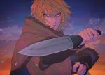  1boy blonde_hair brown_capelet capelet copyright_name dual_wielding fighting_stance frown fur_trim hair_between_eyes highres holding holding_knife knife long_sleeves looking_at_viewer male_focus outdoors serious short_hair sunset thorfinn upper_body ut0702 vinland_saga yellow_eyes 