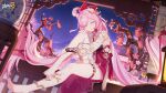  1girl ^_^ bangs barefoot chinese_clothes closed_eyes elysia_(herrscher_of_human:ego)_(honkai_impact) elysia_(honkai_impact) highres honkai_(series) honkai_impact_3rd legs long_hair night official_alternate_costume official_art official_wallpaper open_mouth pink_hair smile thighs vase 