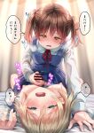  2girls ayanakitori bar_censor blonde_hair blush breasts censored futa_with_female futanari futanari_masturbation heavy_breathing highres masturbation multiple_girls nipples nude open_mouth original penis school_uniform sweat translation_request uniform 