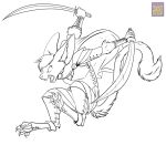  action_pose angry anthro buckteeth dipodid foxenawolf fur hair holding_object holding_sword holding_weapon jerboa long_tail male mammal melee_weapon monochrome open_mouth pawpads pose rodent solo sword tail teeth weapon 