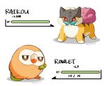  artist_name bow bowtie character_name closed_mouth fangs fighting green_bow green_bowtie health_bar highres looking_at_viewer no_humans pokemon pokemon_(creature) pokemon_(game) raikou red_eyes rowlet simple_background teletelo unamused white_background 