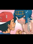  1boy 1girl ash_ketchum baseball_cap black_hair blue_eyes blue_hair blue_shirt blush breasts bright_pupils closed_mouth clothed_male_nude_female collarbone commentary_request freckles habatakuhituji hairband hat hetero lana_(pokemon) letterboxed nipple_rub nipples no_sclera nude pink_background pokemon pokemon_(anime) pokemon_sm_(anime) red_headwear shirt short_hair translation_request upper_body white_pupils yellow_hairband 
