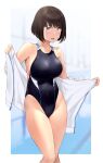  1girl bangs bare_shoulders black_one-piece_swimsuit blush breasts brown_eyes brown_hair collarbone covered_navel highleg highleg_swimsuit highres jacket large_breasts long_sleeves looking_at_viewer off_shoulder one-piece_swimsuit open_clothes open_jacket open_mouth original short_hair smile solo swimsuit thighs wa_(genryusui) white_jacket 