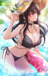  1girl bikini black_bikini black_choker black_hair breasts choker cleavage commentary earrings english_commentary flower hair_between_eyes hand_on_headwear hat hat_flower highres holding holding_innertube innertube jewelry large_breasts long_hair looking_at_viewer navel red_eyes simple_background smile solo spy_x_family straw_hat sun_glare swimsuit wading water water_drop yabin yor_briar 