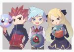  1girl 2boys :d :o aged_down anidf ball bangs beldum black_dress black_ribbon blonde_hair blush brown_pants character_print commentary_request cynthia_(pokemon) dratini dress eyelashes gible grey_eyes hair_ribbon hand_on_hip high_collar highres holding holding_ball jacket lance_(pokemon) long_hair long_sleeves multiple_boys open_mouth pants pokemon pokemon_(anime) pokemon_journeys red_hair ribbon shirt short_hair smile spiked_hair steven_stone vest zipper_pull_tab 