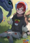  1girl absurdres arm_support backpack bag blue_hair blush brown_bag commentary_request day glasses grass grey_eyes highres hood hoodie katsu_(katsupainter) long_sleeves looking_away miraidon multicolored_hair open_mouth outdoors pantyhose penny_(pokemon) poke_ball_print pokemon pokemon_(creature) pokemon_(game) pokemon_sv red_hair round_eyewear see-through see-through_skirt sitting skirt sweat two-tone_hair 