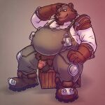  2023 anthro balls bear belly big_belly brown_body brown_fur clothing f.i.s.t.:forged_in_shadow_torch_(video_game) flaccid fur genitals hi_res korndoggychub male mammal overalls overweight overweight_male penis sitting solo urso 