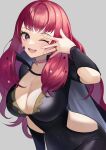  1girl bangs black_cape bodysuit breasts cape choker cleavage dogansa facial_mark fire_emblem fire_emblem_engage hair_ornament highres large_breasts long_hair looking_at_viewer one_eye_closed open_mouth red_eyes red_hair side_cutout simple_background smile solo star_(symbol) star_facial_mark star_hair_ornament yunaka_(fire_emblem) 