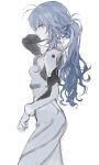  1girl anfrywk ayanami_rei blue_hair bodysuit closed_mouth expressionless facing_to_the_side highres light_blue_hair long_hair long_sleeves looking_at_viewer neon_genesis_evangelion ponytail red_eyes sketch solo white_background white_bodysuit 