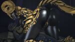  16:9 2023 3d_(artwork) 4k absurd_res anthro big_breasts black_body black_scales breasts digital_media_(artwork) digitigrade duo fangs female genitals gold_scales hi_res horn kulve_taroth lying naressi_(scaleddelta) nipples non-mammal_breasts non-mammal_nipples nude open_mouth pillow plantigrade pupils pussy reptile scaleddelta scales scalie slit_pupils snake source_filmmaker teeth two-tone_scales widescreen yellow_eyes 