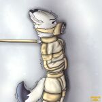  anthro canid canine canis captured dipstick_ears dipstick_tail drakethefox hi_res leash looking_aside looking_at_viewer male mammal markings motion_lines multicolored_ears muzzle_(object) restraints solo standing straitjacket tail tail_markings watermark wolf 