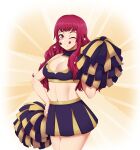  1girl absurdres bangs breasts cheerleader cleavage cleavage_cutout clothing_cutout fire_emblem fire_emblem_engage hair_ornament highres large_breasts long_hair midriff one_eye_closed pom_pom_(cheerleading) red_eyes seityr skirt sleeveless star_(symbol) star_hair_ornament sticker_on_face tongue tongue_out yunaka_(fire_emblem) 