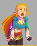  1girl angry bad_link black_pants blonde_hair clenched_hands fingerless_gloves gloves green_eyes highres long_hair long_sleeves open_mouth pants parted_hair pointy_ears princess_zelda puffy_short_sleeves puffy_sleeves short_sleeves sidelocks simple_background solo teeth the_legend_of_zelda the_legend_of_zelda:_breath_of_the_wild thick_eyebrows tongue triforce 