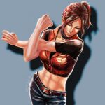  1girl abs black_choker breasts brown_hair choker claire_redfield closed_mouth denim jeans long_hair namiru319 navel pants ponytail resident_evil resident_evil_-_code:_veronica resident_evil_2 simple_background solo 