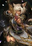  1girl aiming aiming_at_viewer animal_ears blonde_hair borrowed_character bow_(weapon) braid cat_ears cat_tail commission crown_braid dark_background earrings facial_mark final_fantasy final_fantasy_xiv garter_straps gold_trim highres holding holding_bow_(weapon) holding_weapon jewelry long_sleeves miqo&#039;te okuyama one_eye_closed skeb_commission skirt slit_pupils solid_eyes tail tongue tongue_out weapon 