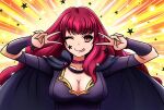  1girl bangs breasts cape choker cleavage collarbone double_v emotional_engine_-_full_drive fire_emblem fire_emblem_engage hair_ornament hair_over_shoulder highres large_breasts long_hair looking_at_viewer one_eye_closed red_hair star_(symbol) star_hair_ornament sticker_on_face tongue tongue_out v will_(willanator93) yunaka_(fire_emblem) 