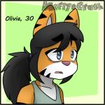  2023 anthro bags_under_eyes black_ears black_hair black_text blue_eyes character_name clothed clothing collarbone felid hair mammal mcfly0crash open_mouth pantherine text tiger tongue topwear watermark 