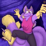  action_pose anthro black_nose breasts canid canine climbing clothed clothing dipstick_tail dreamspinner female fox foxenawolf fur gloves_(marking) kaari leg_markings looking_back mammal markings multi_tail pose purple_body purple_fur shirt socks_(marking) solo stinger tail tail_markings tank_top topwear 