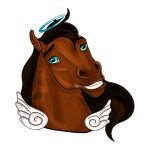  1:1 2021 alpha_channel amber18db ambiguous_gender blue_eyes brown_body brown_hair brown_mane digital_media_(artwork) dolero equid equine eyebrows feathered_wings feathers feral hair halo headshot_portrait horse looking_at_viewer low_res mammal mane portrait simple_background solo teeth wings 
