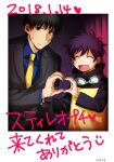  2boys :d ^_^ azmy_(nyanbou) black_hair blue_shirt closed_eyes formal goggles goggles_around_neck heart heart_hands heart_hands_duo kekkai_sensen leonardo_watch male_focus multiple_boys necktie polaroid purple_hair shirt short_hair size_difference smile steven_a._starphase suit sweatdrop yellow_necktie 