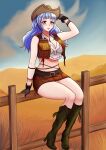  1girl absurdres alternate_hairstyle arm_up bangs blue_hair boots brown_eyes cosplay cowboy_hat crop_top fire_emblem fire_emblem:_three_houses fire_emblem_heroes gloves hat highres long_hair marianne_von_edmund midriff open_clothes open_vest sidelocks sitting_on_fence skirt sleeveless tifa_lockhart tifa_lockhart_(cosplay) vest will_(willanator93) 