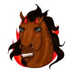  1:1 2021 alpha_channel amber18db ambiguous_gender angry blue_eyes brown_body brown_hair brown_mane digital_media_(artwork) dolero equid equine eyebrows feral fire hair headshot_portrait horn horse looking_at_viewer low_res mammal mane portrait simple_background solo teeth 