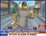  2023 anthro blue_eyes cheetah clothed clothing english_text felid feline flinters fur hair hi_res looking_back male mammal outside solo spots spotted_body spotted_fur text white_hair yellow_body yellow_fur 