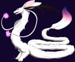  3_toes absurd_res ambiguous_gender antlers avimala_studios biped bipedal_feral blue_background feathers feet feral fleep fur glowing hi_res horn long_ears purple_eyes simple_background solo tail_feathers tendrils toes white_body white_fur 