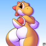  2023 anthro big_breasts breasts colored dinosaur eyelashes female looking_at_viewer mario_bros nintendo nipples nude orange_body orange_eyes orange_skin reptile scalie simple_background solo tail thick_thighs wide_hips xylas yoshi 