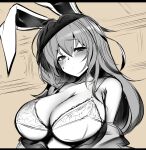  1girl animal_ears bangs blush breasts cleavage closed_mouth commentary greyscale_with_colored_background highres large_breasts long_hair looking_at_viewer mizuga rabbit_ears rabbit_girl reisen_udongein_inaba sweatdrop symbol-only_commentary touhou upper_body 