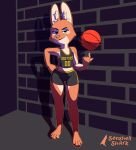  2023 absurd_res anthro ball barefoot basketball_(ball) basketball_uniform brick_wall brown_body brown_fur canid canine clothing diane_foxington digital_media_(artwork) dreamworks feet female fox fur hi_res looking_at_viewer mammal senshellshark smile smug solo sportswear standing the_bad_guys uniform wall_(structure) 