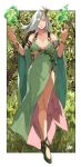  1girl armlet bangs bare_shoulders border bracelet breasts closed_mouth clothing_cutout cocktail_dress collarbone commentary commission covered_navel detached_sleeves dress elf english_commentary grass green_dress green_eyes green_footwear grey_hair hair_over_one_eye highres jewelry leaf lips long_hair looking_at_viewer magic medium_breasts nature one_eye_covered original outside_border plant pointy_ears sakuremi signature solo swept_bangs tree white_border wide_sleeves 