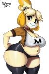  animal_crossing anthro bell big_breasts black_bottomwear black_clothing black_legwear black_shorts black_thigh_highs blush bottomwear breasts brown_clothing brown_topwear canid canine canis choker cleavage clothed clothing domestic_dog eyelashes female fur grey_eyes hi_res infernal_mirth isabelle_(animal_crossing) jewelry legwear looking_at_viewer mammal navel navel_piercing necklace nintendo orange_body orange_fur overweight overweight_female piercing shih_tzu shorts simple_background smile solo tan_body tan_fur thick_thighs thigh_highs topwear toy_dog white_background white_body white_clothing white_fur white_topwear wide_hips 