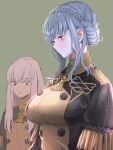  2girls bags_under_eyes bangs blue_hair braid breast_envy breasts brown_eyes buttons closed_mouth commentary_request crown_braid dress fire_emblem fire_emblem:_three_houses garreg_mach_monastery_uniform green_dress hair_between_eyes height_difference highres large_breasts long_hair looking_at_another looking_away lysithea_von_ordelia marianne_von_edmund midori_sandori multiple_girls purple_eyes short_hair short_hair_with_long_locks sidelocks simple_background uniform white_hair 