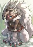  1girl animal_ears animal_hands animal_skull artist_name blonde_hair blue_eyes body_fur breasts chihua_zoku claws cleavage collarbone colored_tips commentary dark-skinned_female dark_skin facial_mark full_body fur_collar furry furry_female grass highres jewelry looking_at_viewer multicolored_hair necklace original outdoors own_hands_together red_hair sarashi short_hair sidelocks signature skull_on_head small_breasts solo squatting tail tooth_necklace triangle-shaped_pupils twitter_username two-tone_hair v_arms white_fur 