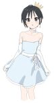  1girl black_eyes black_hair blue_dress blush bow choker crown dress earrings elbow_gloves gloves highres jewelry ksrvgn kurosaki_honoka open_mouth short_hair simple_background solo white_choker white_gloves yama_no_susume 