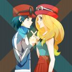  1boy 1girl black_background black_hair black_shirt blonde_hair blue_jacket calem_(pokemon) collarbone collared_shirt copyright_name dante0909 eyewear_on_headwear jacket looking_at_viewer pleated_skirt pokemon pokemon_(game) pokemon_xy red_headwear serena_(pokemon) shirt skirt sleeveless sleeveless_shirt smile 