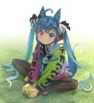  1girl ahoge animal_ears ankle_boots aqua_hair black_bodysuit black_ribbon blue_eyes blue_hair bodysuit boots butterfly_sitting clothes_writing day drawstring full_body grass grin hair_ribbon haniwa_(leaf_garden) heterochromia highres hood hood_down hooded_coat horse_ears horse_girl horse_tail long_hair long_sleeves looking_at_viewer multicolored_coat multicolored_hair on_ground outdoors purple_eyes ribbon sharp_teeth sidelocks sitting smile solo stuffed_animal stuffed_bunny stuffed_toy tail teeth twin_turbo_(umamusume) twintails two-tone_hair umamusume very_long_hair yellow_footwear 