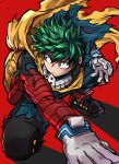  1boy backpack bag bangs belt belt_pouch black_outline bodysuit boku_no_hero_academia cape chiyaya closed_mouth floating_cape floating_hair foreshortening freckles full_body gloves green_bodysuit green_eyes green_hair hair_between_eyes hand_on_floor hand_on_ground hand_up highres leaning_forward looking_to_the_side male_focus midoriya_izuku official_alternate_costume one_knee outline outstretched_arm pouch red_background red_belt shadow short_hair simple_background solo spoilers torn_sleeve turning_head v-shaped_eyebrows white_gloves yellow_bag yellow_cape 
